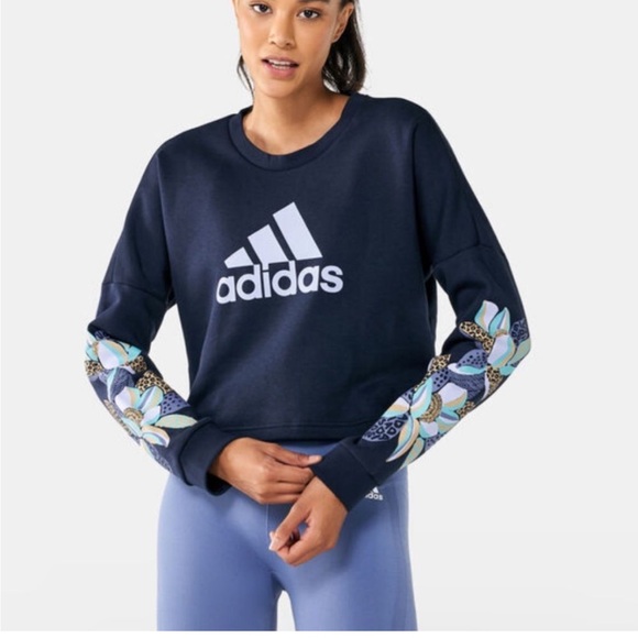 adidas Tops - Adidas X Farm Rio Cropped Floral Fleece Logo Sweatshirt‎ Loose Size medium Navy